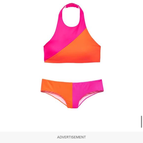 Victoria's Secret Pink Orange Color block Halter Hipster bikini set Size LARGE - Picture 1 of 13